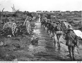 Men and pack mules rounding Idiot Corner, on Westhoek Ridge, in Belgium, moving up to the front line
